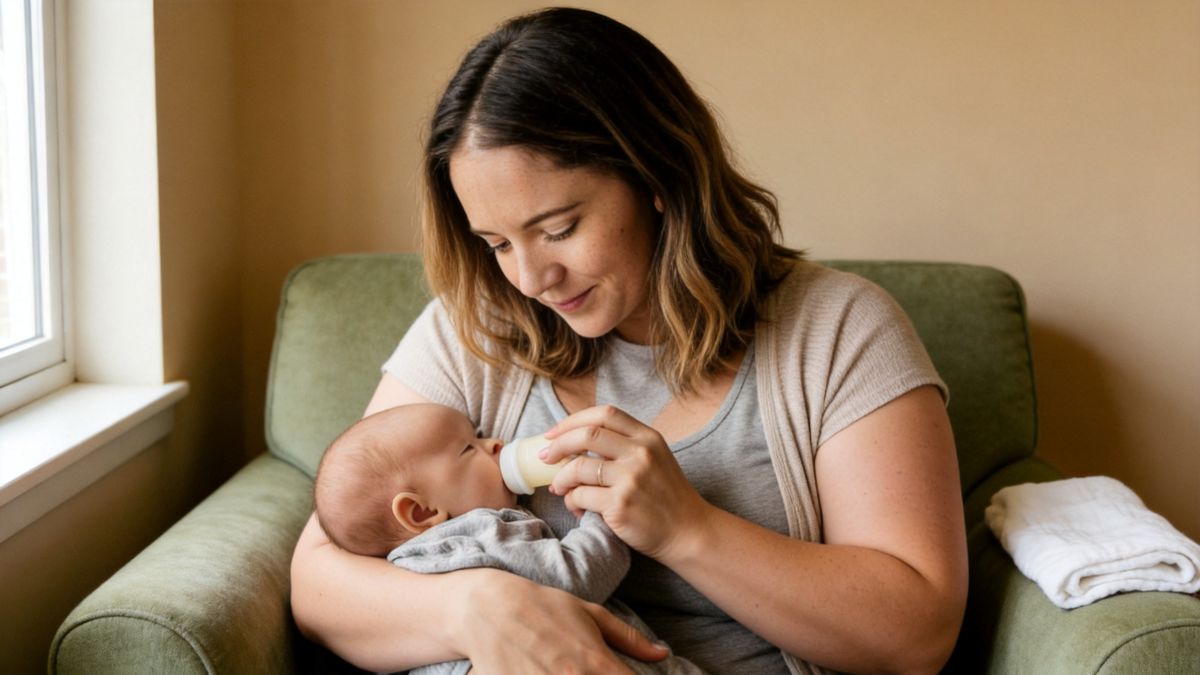 Mother bottle-feeding her newborn son in a sage-green armchair beside a window