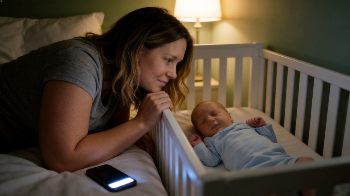 Mother leaning over her sleeping newborn in a crib at night, phone glowing on the bed beside her