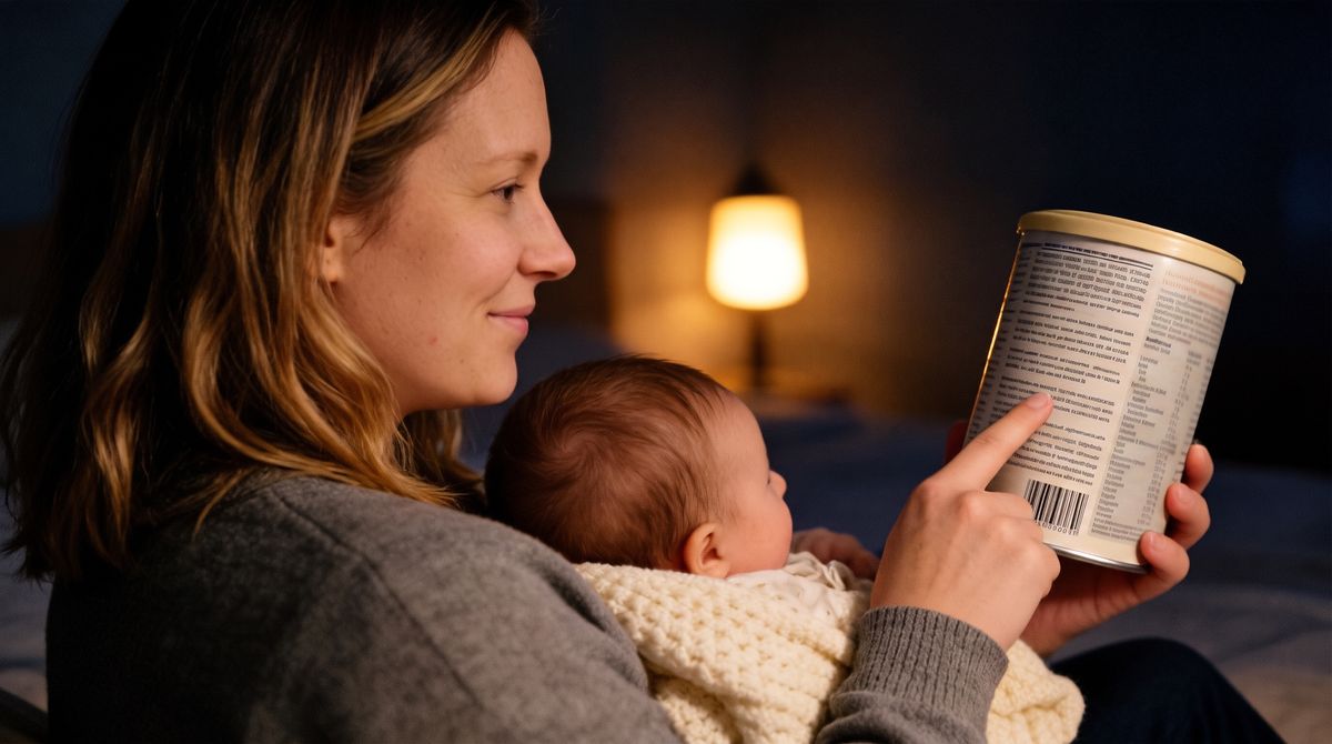 Mother reading the ingredient panel on the back of a formula tin by lamplight, her newborn asleep against her