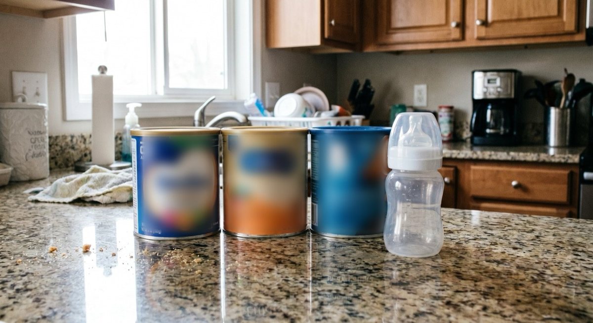 Three tins of standard infant formula lined up on a kitchen counter next to an empty bottle, brand labels deliberately blurred.