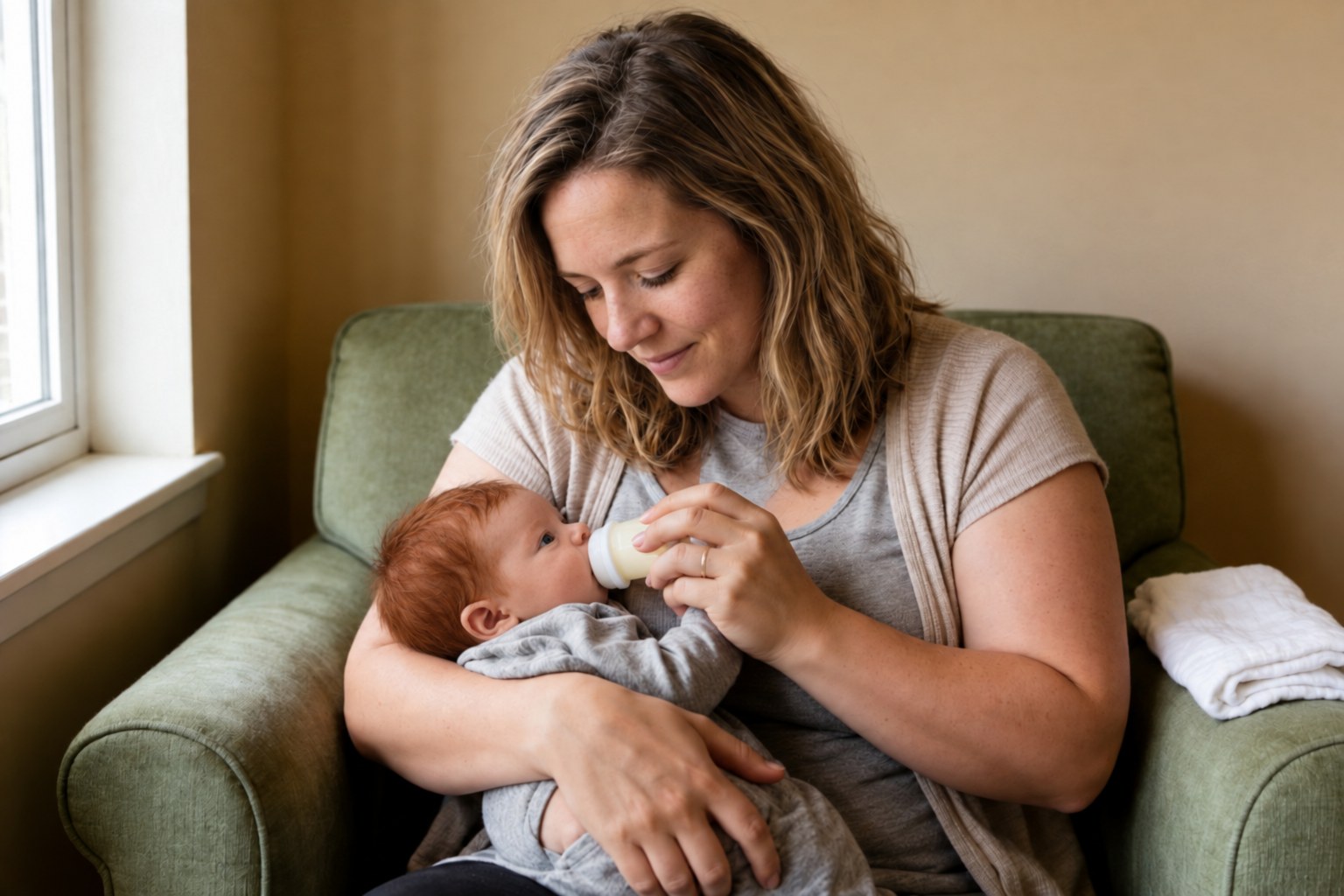 Hannah feeding her newborn a bottle in a green armchair by the window.