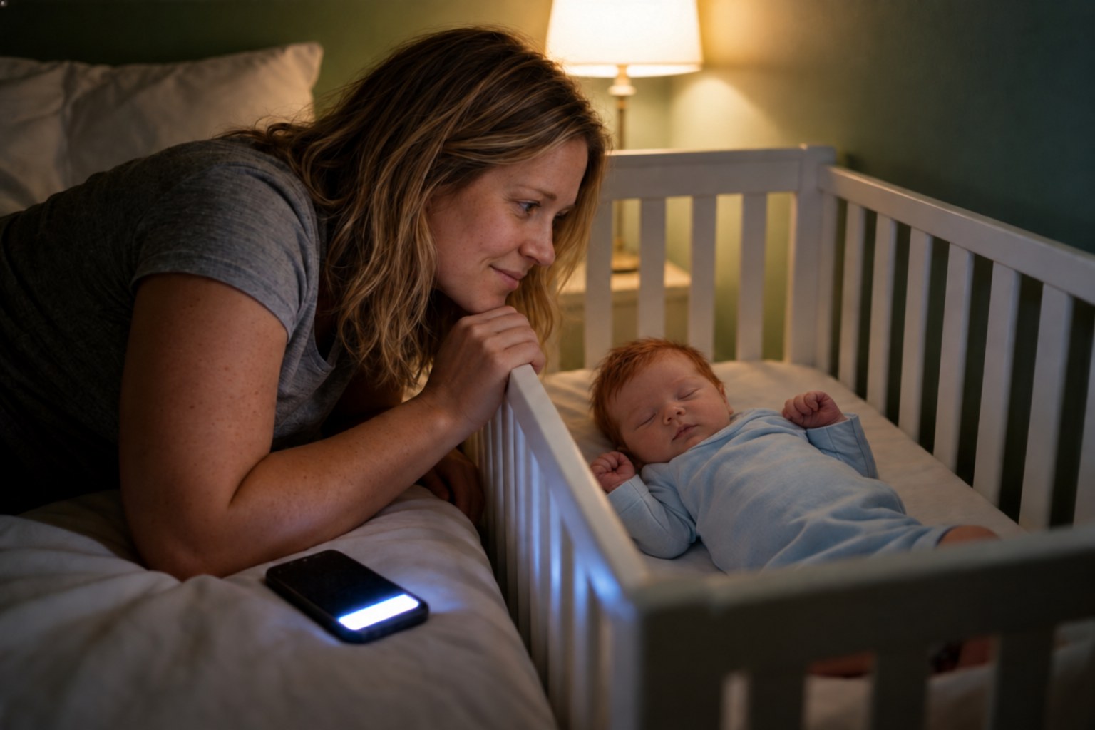 Hannah leaning over the crib at night, her newborn asleep.