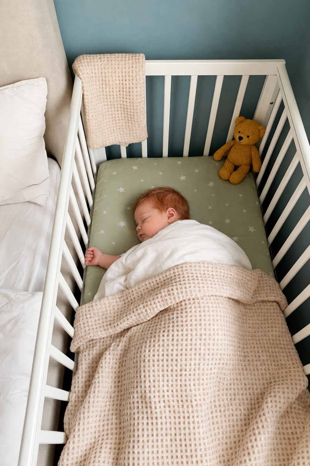 Theo asleep in his crib beside the bed.
