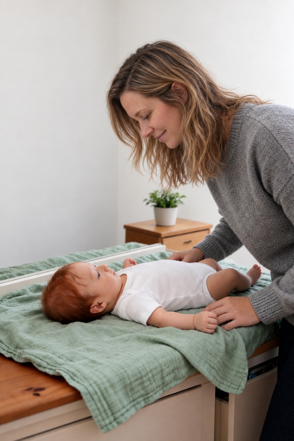 Hannah leaning over Theo on the changing table