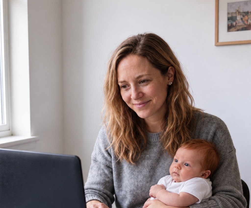 Hannah at a laptop holding Theo while going through baby costs