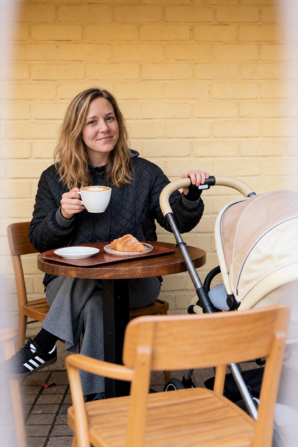 Hannah with a coffee at a cafe table, stroller beside her.