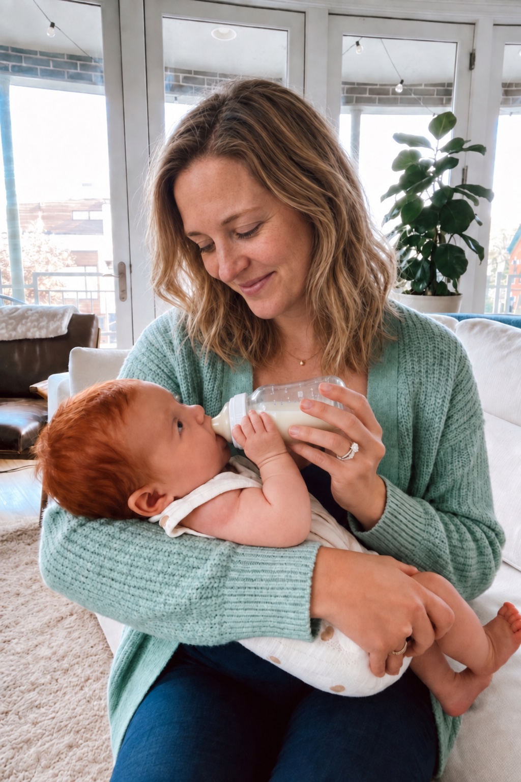 Hannah bottle-feeding Theo on the couch
