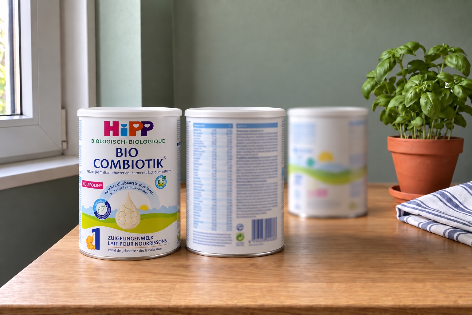 Three tins of infant formula on a windowsill, a HiPP Dutch Stage 1 tin in front