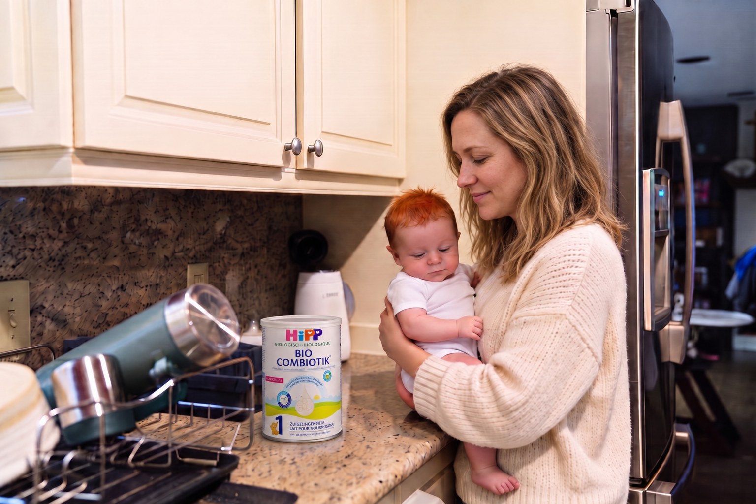 Hannah holding her baby in the kitchen beside a can of formula.
