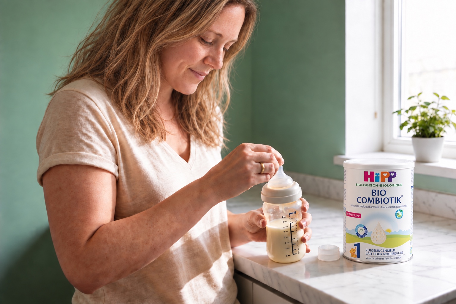 Hannah preparing a bottle next to a HiPP Dutch Stage 1 tin