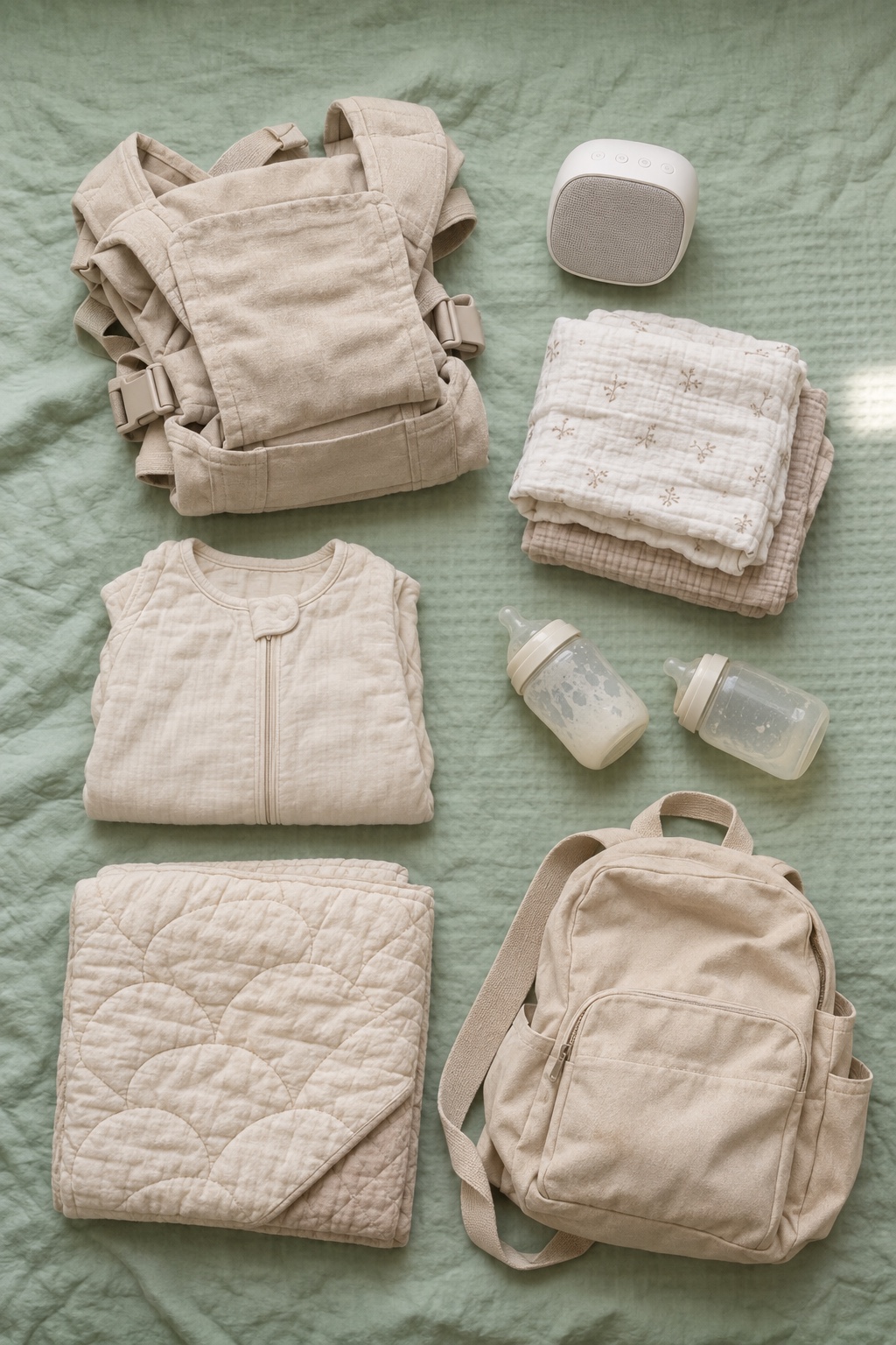 The seven baby products laid out on a bed: carrier, white noise machine, swaddles, sleep sack, bottles, play mat and a backpack diaper bag