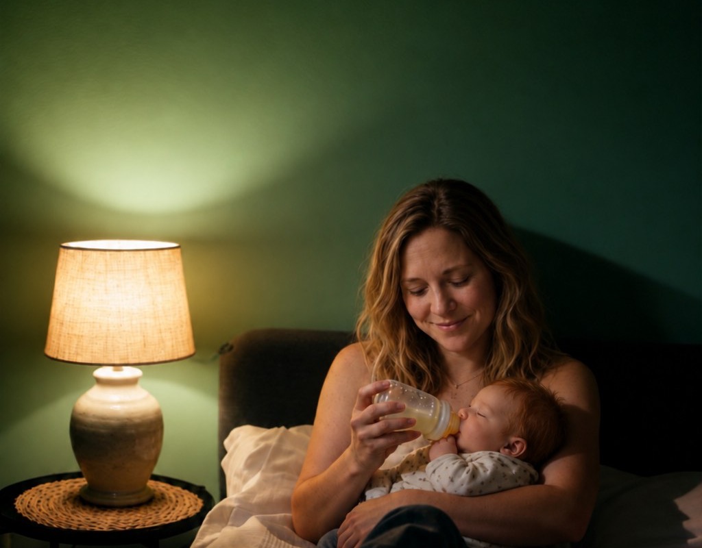 Hannah feeding Theo a bottle by lamplight during a night feed