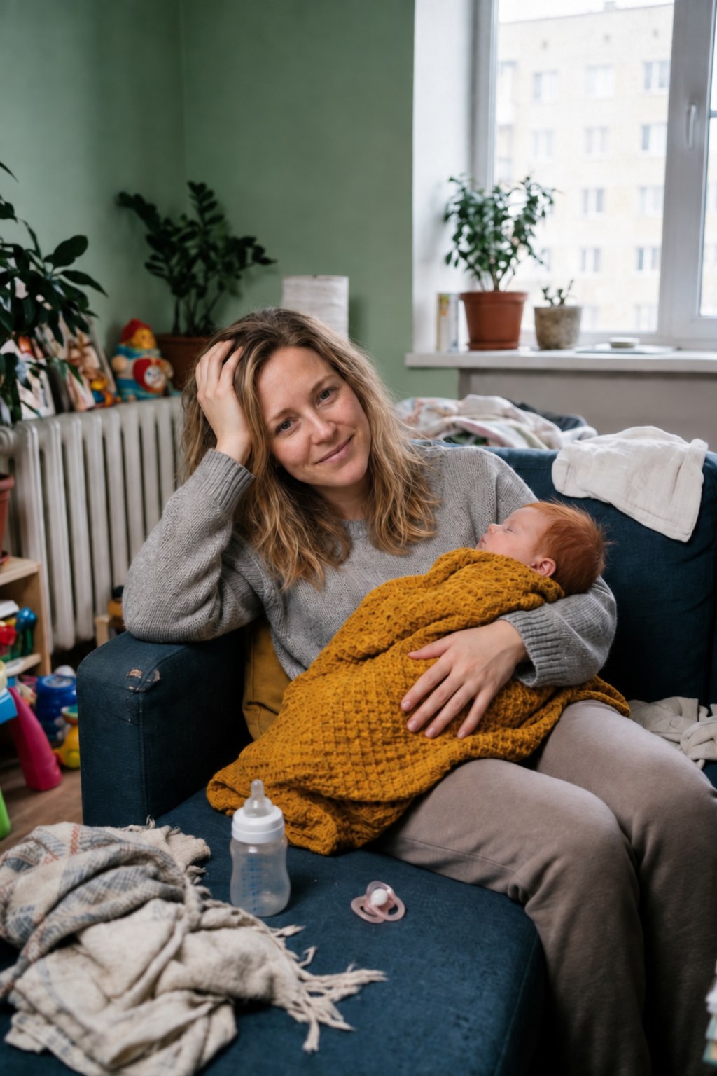 Hannah resting on the sofa with her newborn in her arms.