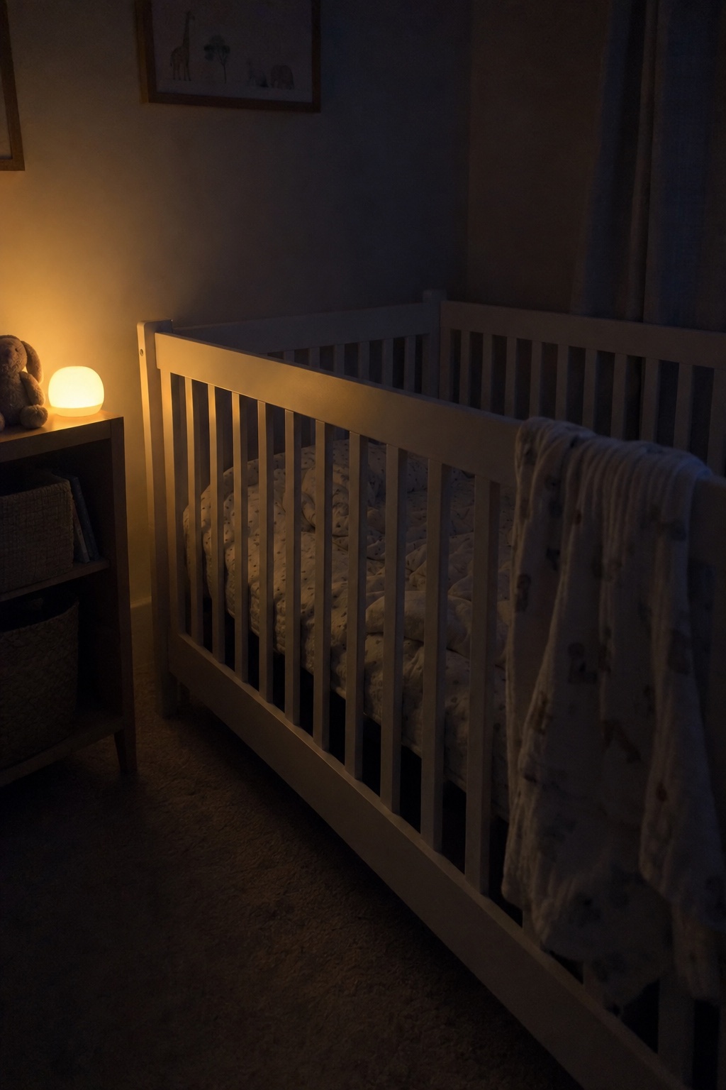 An empty cot in a dark bedroom lit by a nightlight